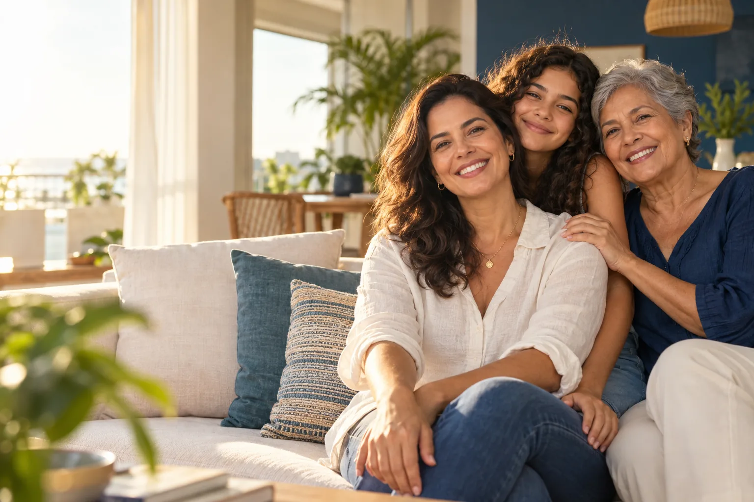 Três gerações de uma família reunidas em casa